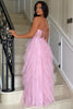 Load image into Gallery viewer, Black A Line Tiered Strapless Embroideried Long Prom Dress with Slit