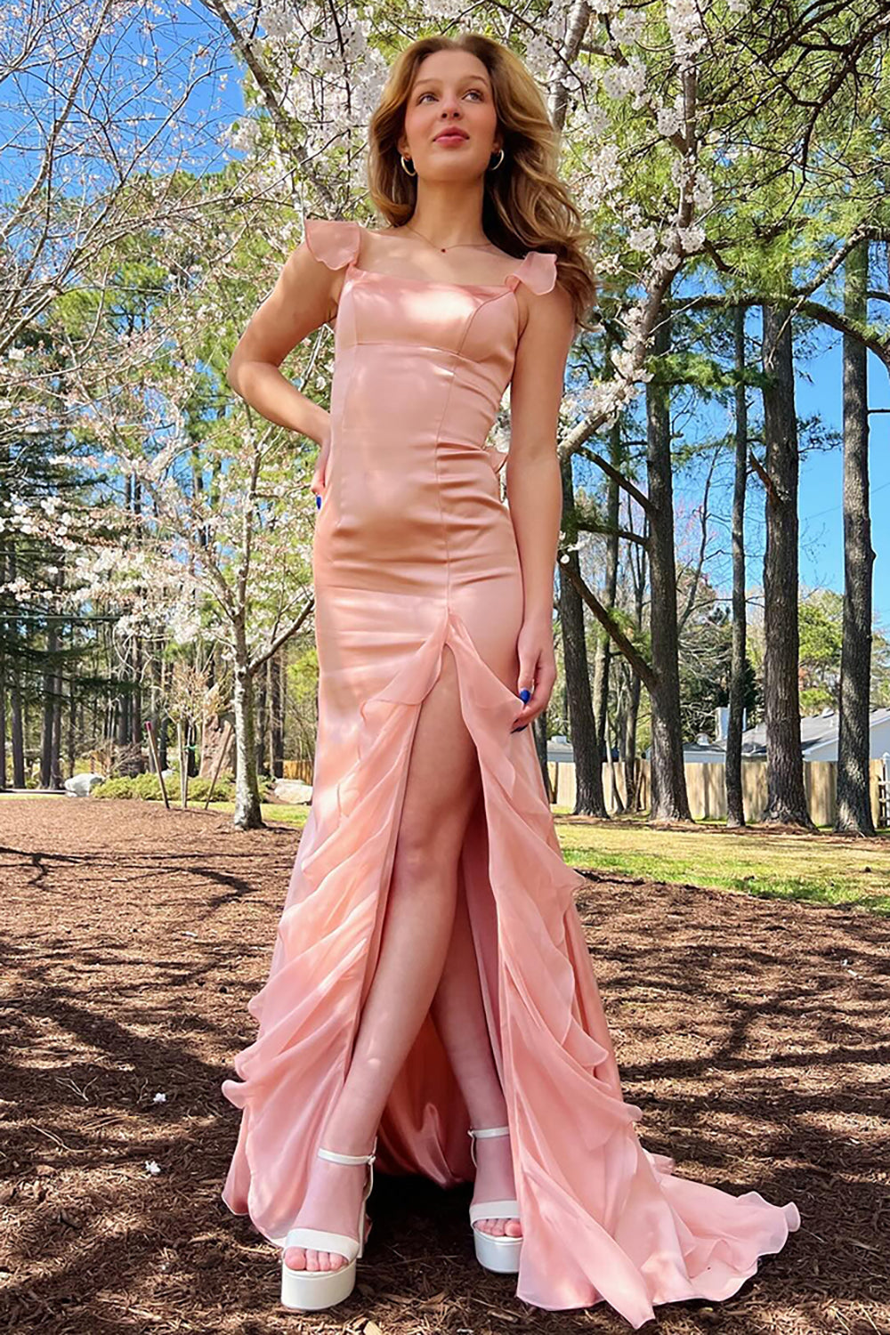 Blush Ruffled Long Chiffon Prom Dress with Slit