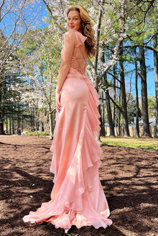 Blush Ruffled Long Chiffon Prom Dress with Slit