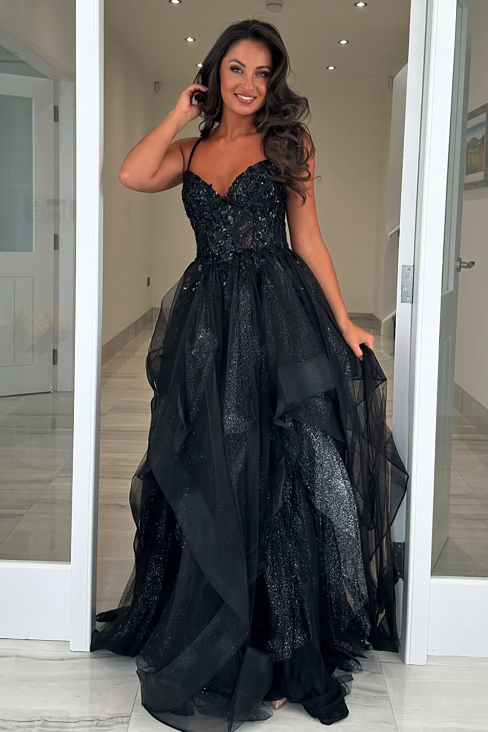 Sparkly Black Tiered Corset Long Tulle Prom Dress with Lace Up