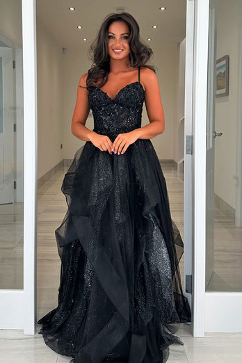 Sparkly Black Tiered Corset Long Tulle Prom Dress with Lace Up