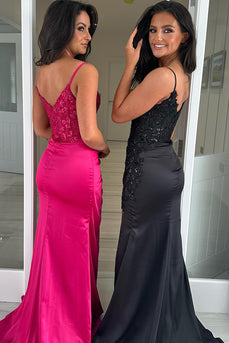 Sparkly Black Long Satin Corset Prom Dress with Appliques