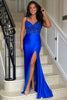 Load image into Gallery viewer, Sparkly Royal Blue Appliqued Long Satin Prom Dress with Slit