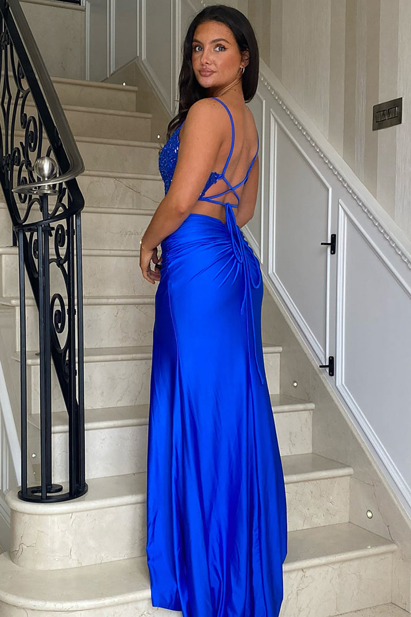 Load image into Gallery viewer, Sparkly Royal Blue Appliqued Long Satin Prom Dress with Slit