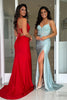 Load image into Gallery viewer, Sparkly Royal Blue Appliqued Long Satin Prom Dress with Slit