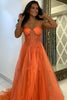 Load image into Gallery viewer, Sparkly Orange Tulle Long Corset Prom Dress with Appliques