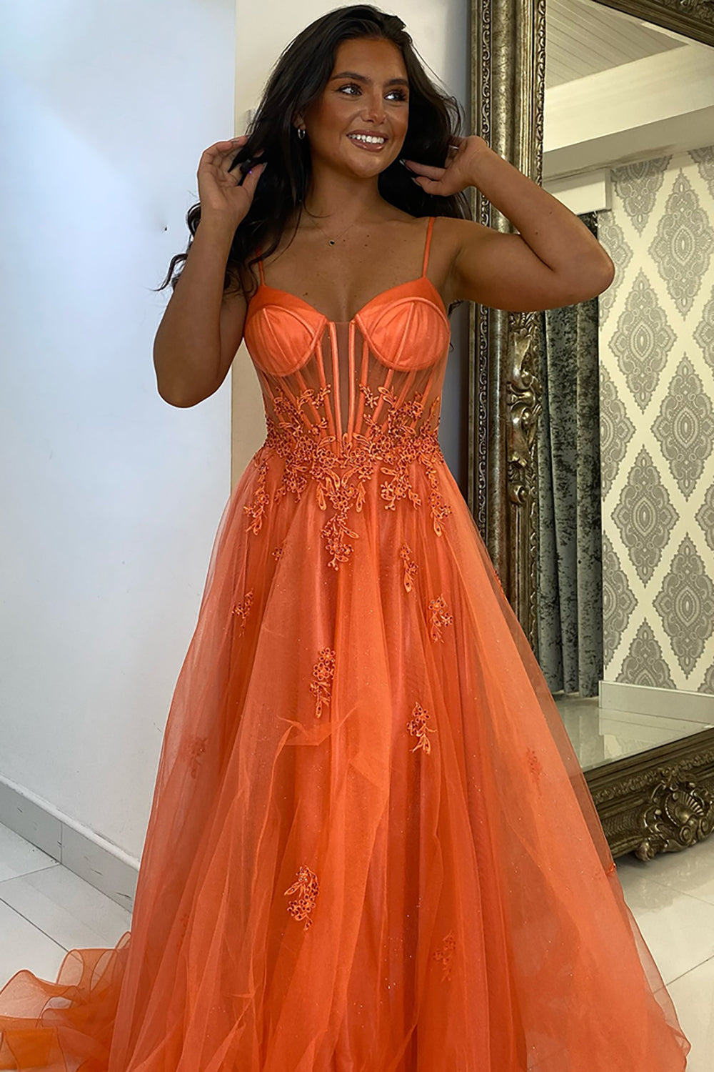 Sparkly Orange Tulle Long Corset Prom Dress with Appliques