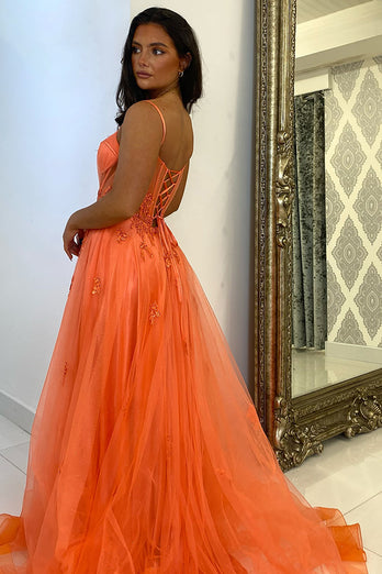 Sparkly Orange Tulle Long Corset Prom Dress with Appliques