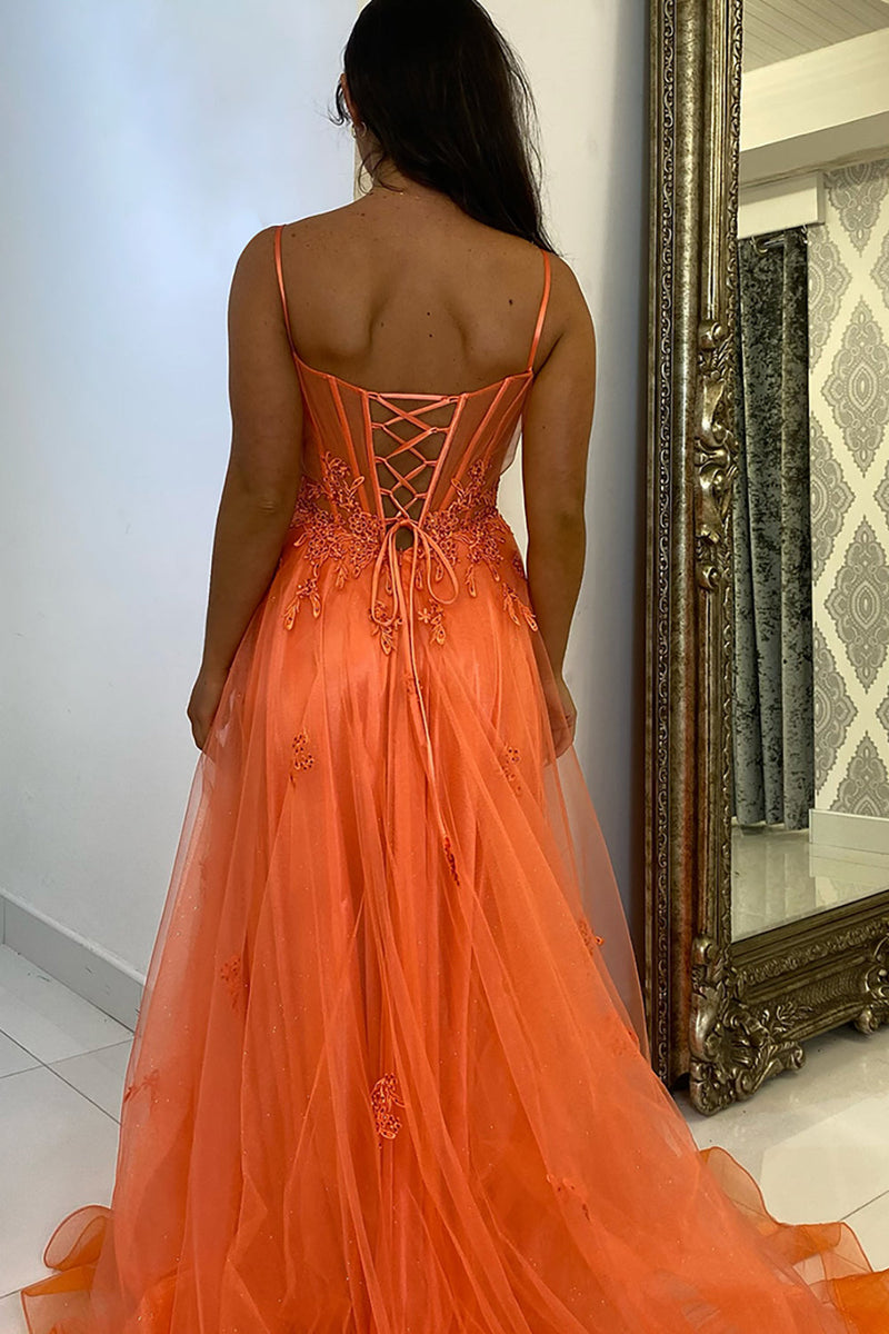 Load image into Gallery viewer, Sparkly Orange Tulle Long Corset Prom Dress with Appliques