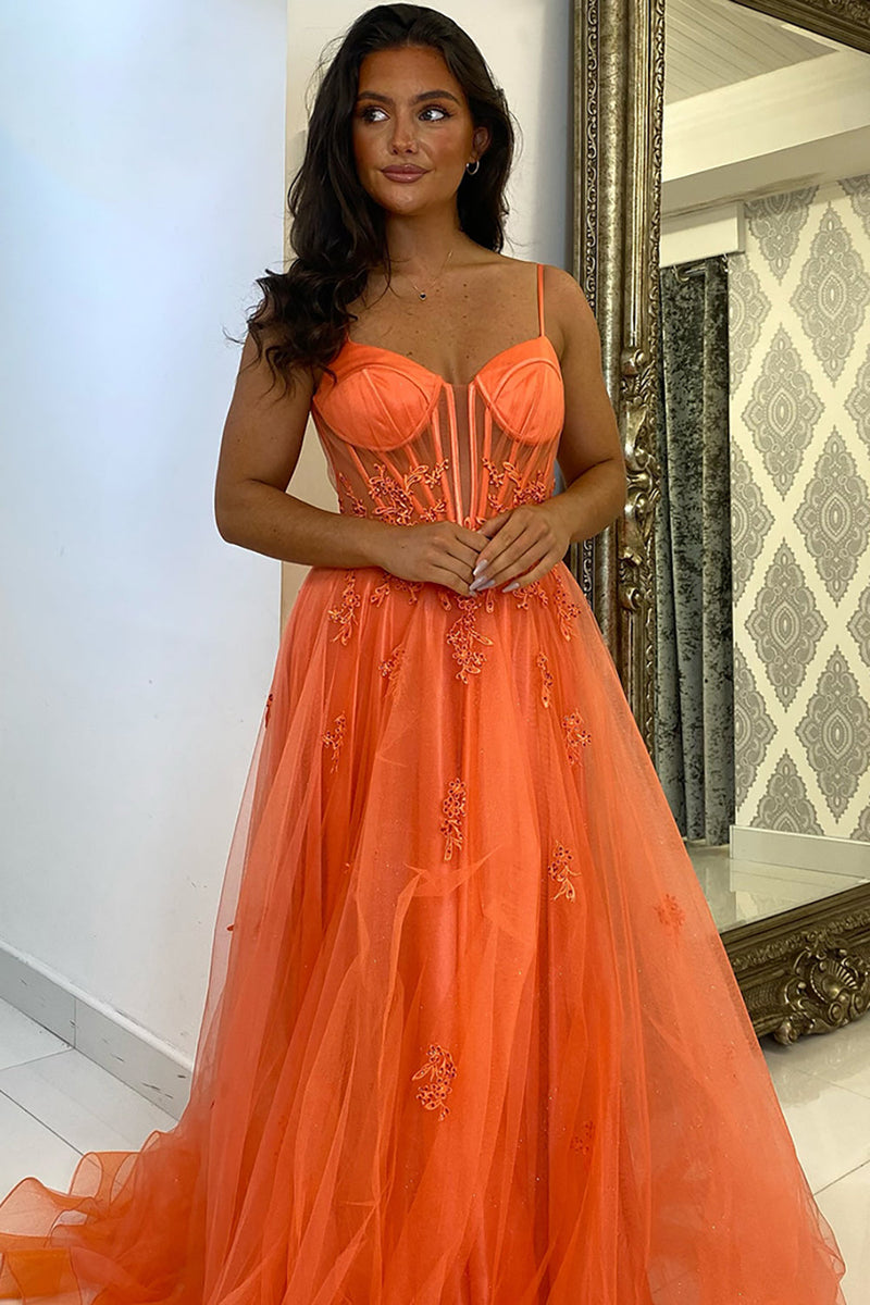 Load image into Gallery viewer, Sparkly Orange Tulle Long Corset Prom Dress with Appliques