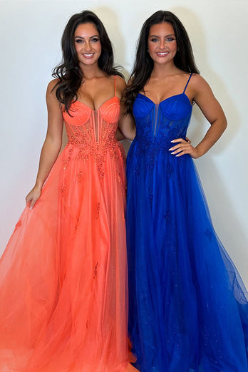 Sparkly Orange Tulle Long Corset Prom Dress with Appliques