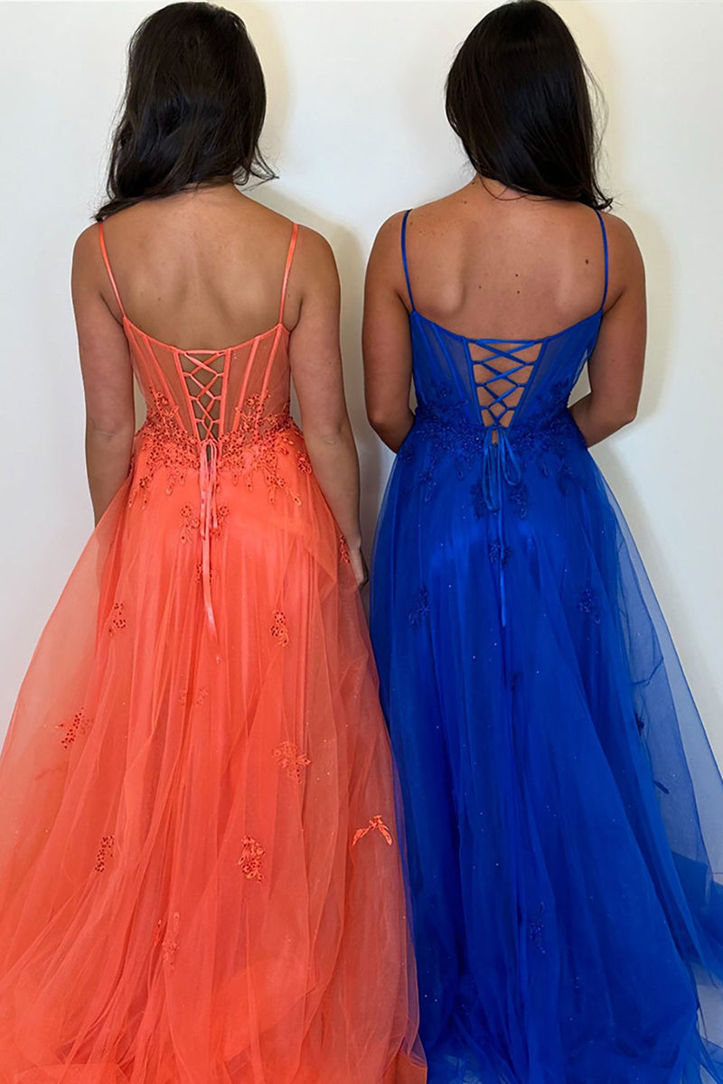 Load image into Gallery viewer, Sparkly Orange Tulle Long Corset Prom Dress with Appliques