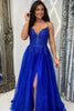 Load image into Gallery viewer, Sparkly Royal Blue Corset V-Neck Appliqued Long Prom Dress with Slit