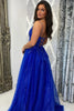 Load image into Gallery viewer, Sparkly Royal Blue Corset V-Neck Appliqued Long Prom Dress with Slit