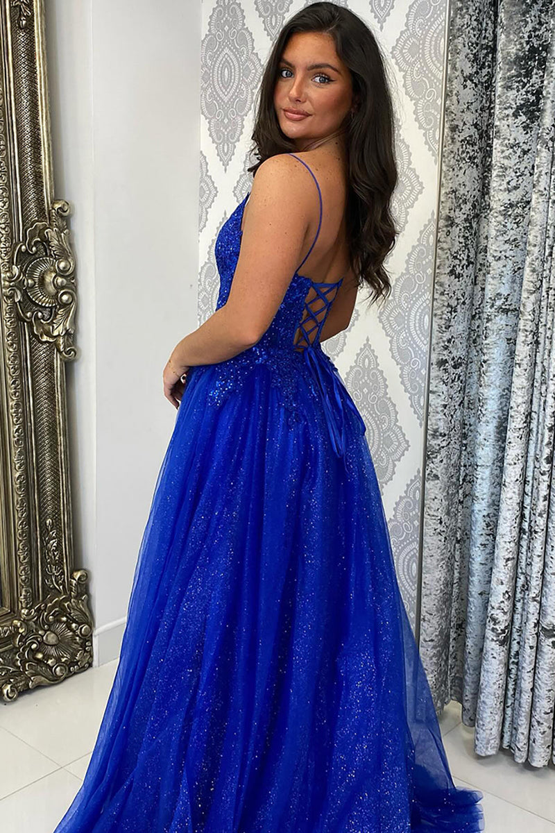 Load image into Gallery viewer, Sparkly Royal Blue Corset V-Neck Appliqued Long Prom Dress with Slit