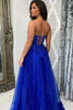 Load image into Gallery viewer, Sparkly Royal Blue Corset V-Neck Appliqued Long Prom Dress with Slit