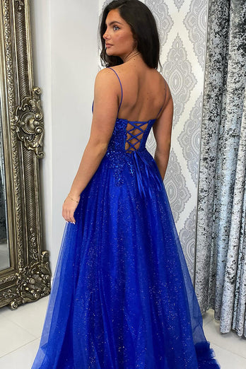 Sparkly Royal Blue Corset V-Neck Appliqued Long Prom Dress with Slit