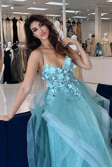 Sparkly Blue Corset A Line Long Tulle Prom Dress with Appliques