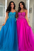 Load image into Gallery viewer, Sparkly Blue A Line Long Strapless Corset Prom Dress with Appliques