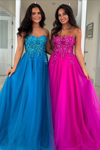 Sparkly Blue A Line Long Strapless Corset Prom Dress with Appliques