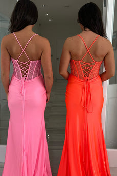 Sparkly OrangeBeaded  Corset Long Prom Dress with Slit