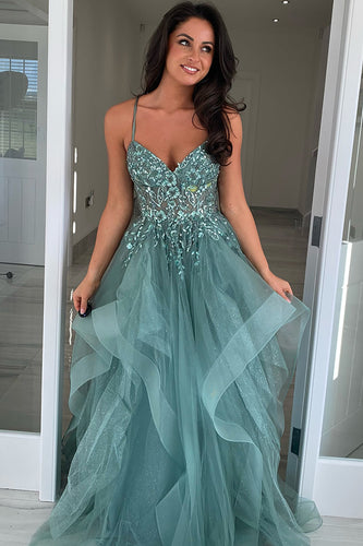 Sparkly Grey Green Corset A Line Long Tulle Prom Dress with Appliques