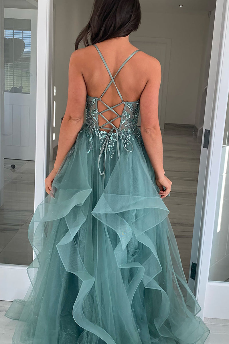 Load image into Gallery viewer, Sparkly Grey Green Corset A Line Long Tulle Prom Dress with Appliques