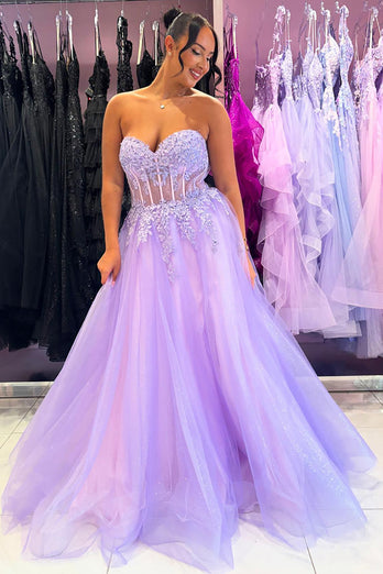 Sparkly Lilac Sweetheart Corset A Line Long Prom Dress