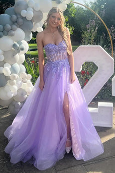 Sparkly Lilac Sweetheart Corset A Line Long Prom Dress