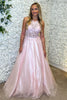 Load image into Gallery viewer, Sparkly Floral Pink A Line Long Tulle Prom Dress with Appliques