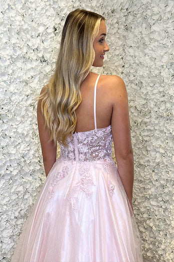 Sparkly Floral Pink A Line Long Tulle Prom Dress with Appliques