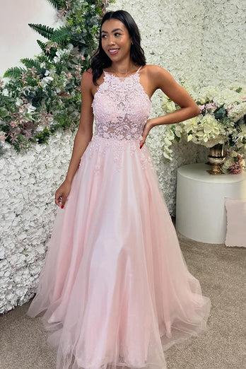 Sparkly Floral Pink A Line Long Tulle Prom Dress with Appliques