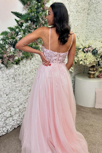 Sparkly Floral Pink A Line Long Tulle Prom Dress with Appliques