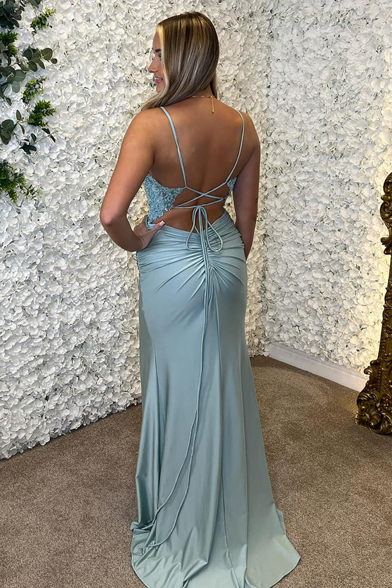 Load image into Gallery viewer, Sparkly Sky Blue Mermaid Corset Long Satin Prom Dress with Slit