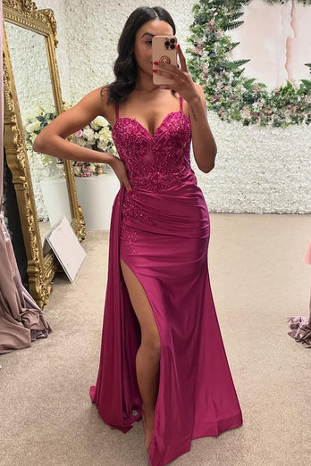 Sparkly Fuchsia Corset Sweetheart Appliqued Long Prom Dress with Slit