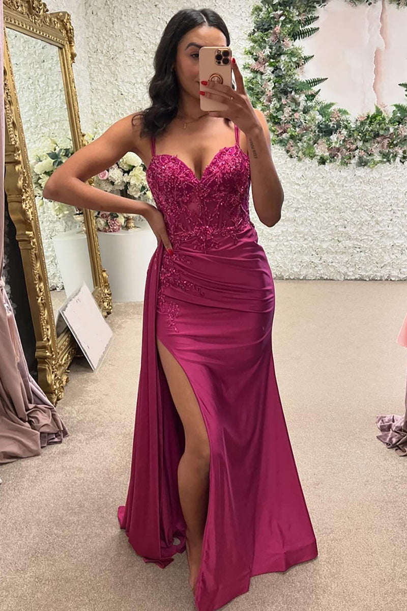 Load image into Gallery viewer, Sparkly Fuchsia Corset Sweetheart Appliqued Long Prom Dress with Slit