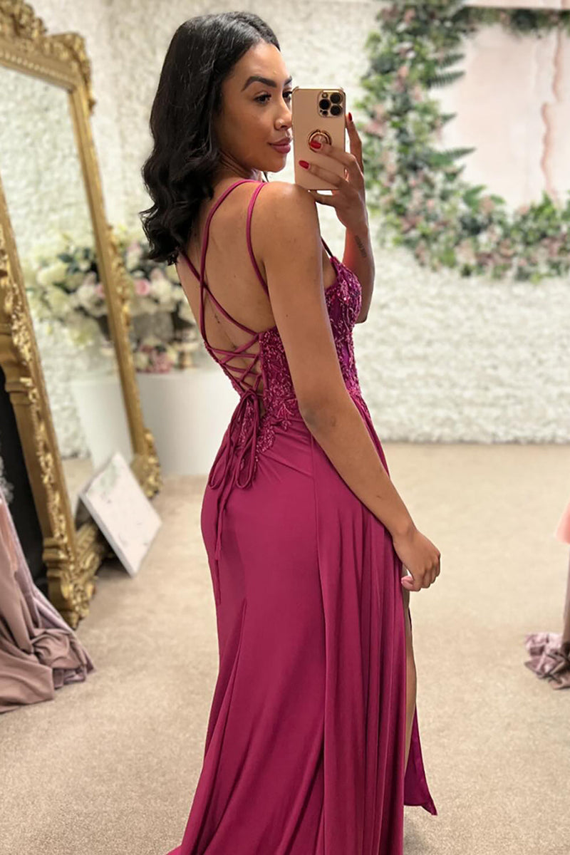 Load image into Gallery viewer, Sparkly Fuchsia Corset Sweetheart Appliqued Long Prom Dress with Slit