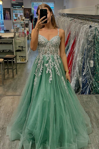 Sparkly Sage A Line Long Prom Dress with Appliques