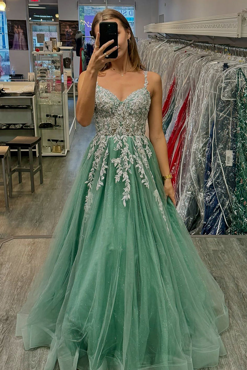 Load image into Gallery viewer, Sparkly Sage A Line Long Prom Dress with Appliques