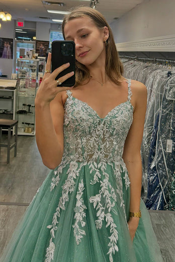 Sparkly Sage A Line Long Prom Dress with Appliques