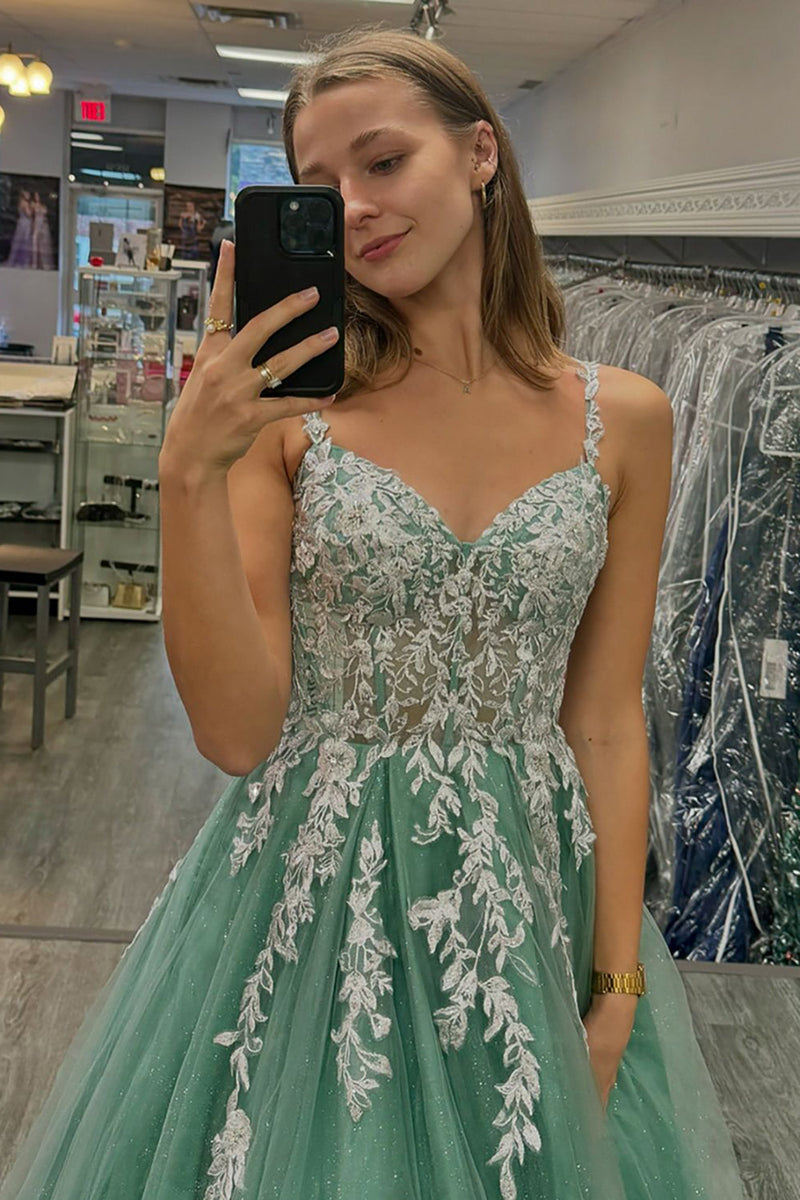 Load image into Gallery viewer, Sparkly Sage A Line Long Prom Dress with Appliques