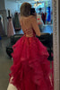 Load image into Gallery viewer, Sparkly Fuchsia Corset A Line Tiered Long Prom Dress with Lace Up Back