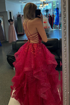 Sparkly Fuchsia Corset A Line Tiered Long Prom Dress with Lace Up Back