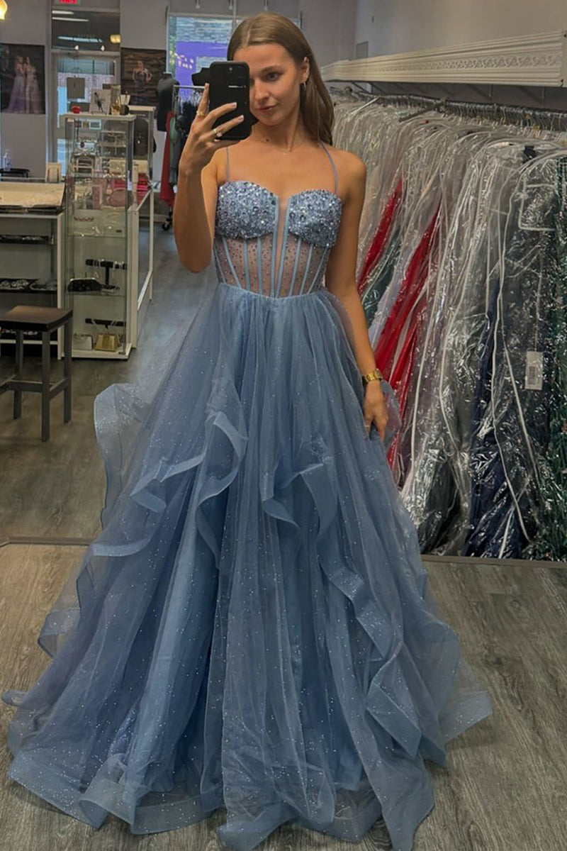 Load image into Gallery viewer, Sparkly Grey Blue Beaded Corset Long Tulle Prom Dress