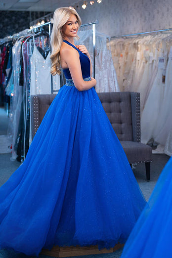 Sparkly Royal Blue A-Line Halter Beaded Tulle Long Prom Dress