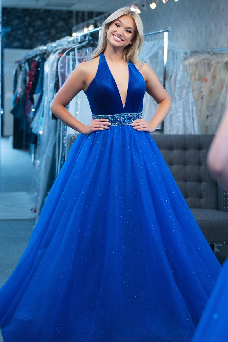 Load image into Gallery viewer, Sparkly Royal Blue A-Line Halter Beaded Tulle Long Prom Dress