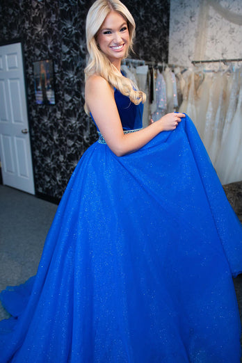 Sparkly Royal Blue A-Line Halter Beaded Tulle Long Prom Dress