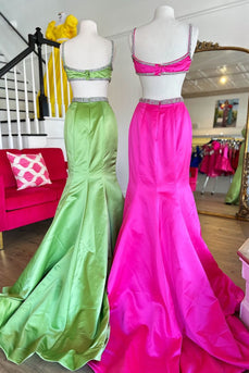 Sparkly Fuchsia Mermaid Spaghetti Straps Beaded Long Prom Dress with Bow