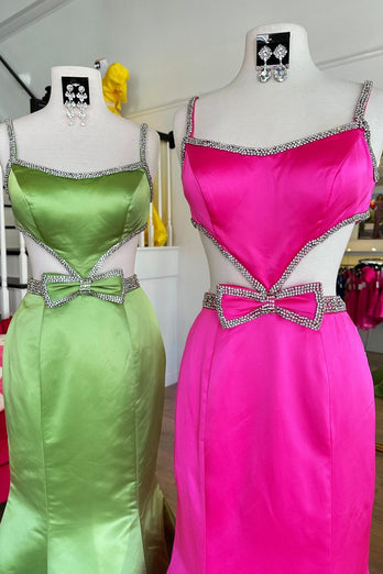 Sparkly Fuchsia Mermaid Spaghetti Straps Beaded Long Prom Dress with Bow