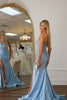 Load image into Gallery viewer, Sparkly Blue Mermaid Strapless Lace Corset Long Prom Dress with Slit